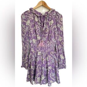 House of Harlow 1960 Purple Paisley Boho Smocked Ruffle Mini Dress XS